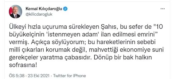 CHP Genel Başkanı Kılıçdaroğlu 10 büyükelçiyi es geçip Türkiye’yi hedef aldı