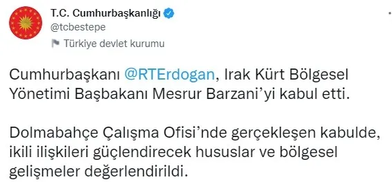 Başkan Erdoğan IKBY Başbakanı Mesrur Barzani’yi kabul etti