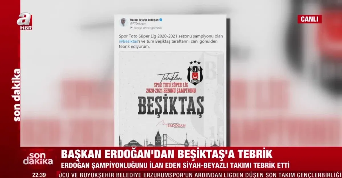 Başkan Erdoğan’dan şampiyon Beşiktaş’a tebrik
