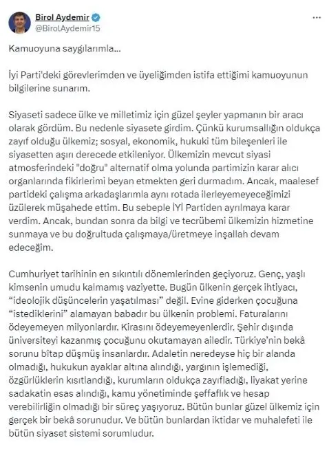 1714033996871.jpg İYİ Parti'de üst düzey istifa! Genel Başkan Yardımcısı Birol Aydemir paylaştı: Aynı rotada ilerleyemeyiz - 4