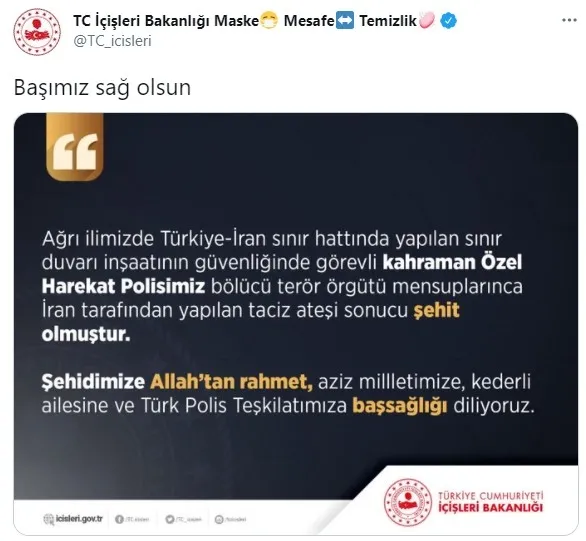 SON DAKİKA | İçişleri Bakanlığı: Ağrı’da PKK’lı teröristlerin taciz ateşi sonucu bir özel harekat polisi şehit oldu