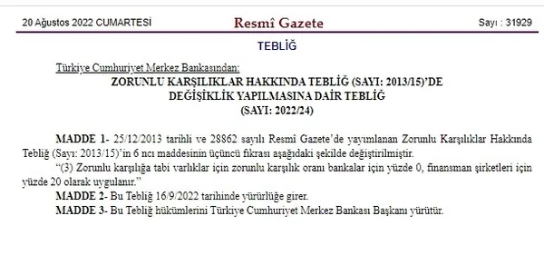Karar Resmi Gazete’de: Merkez Bankası’ndan zorunlu karşılık düzenlemesi