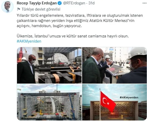 Başkan Erdoğan’dan Atatürk Kültür Merkezi AKM paylaşımı