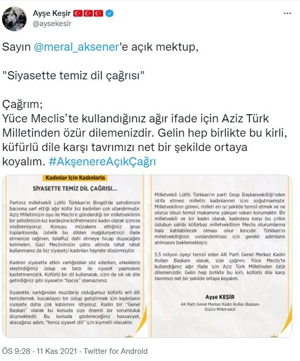 AK Parti Kadın Kolları Başkanından Lütfü Türkkan’a sahip çıkan Akşener’e mektup: Siyasetin ’bacısı’ olamazsınız
