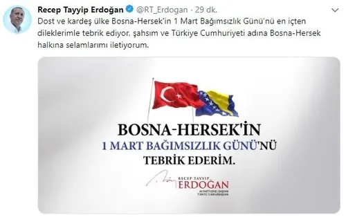Başkan Erdoğan, Bosna Hersek’in Bağımsızlık Günü’nü kutladı