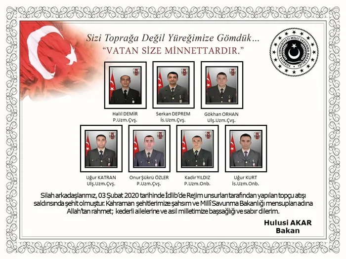 Milli Savunma Bakanı Hulusi Akar’dan İdlib şehitleri için başsağlığı mesajı