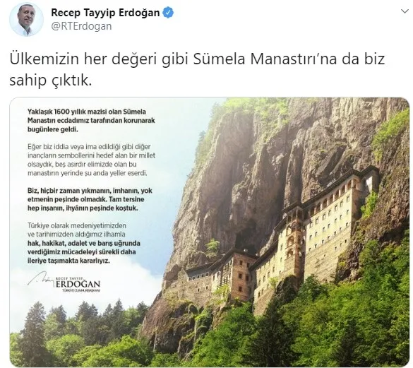Trabzon’da Sümela Manastırı ve Ayasofya Camii açıldı! Başkan Erdoğan’dan flaş açıklamalar