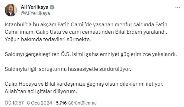 Fatih Camii imamına bıçaklı saldırı! Kurra Hafız Galip Usta omzundan yaralandı | Saldırgan tutuklandı