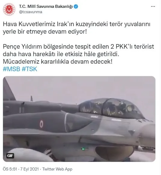 Milli Savunma Bakanlığından son dakika açıklaması: 2 PKK’lı terörist etkisiz hale getiridli