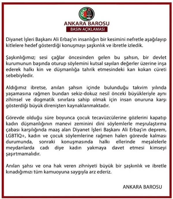 Son dakika haberi: Diyanet İşleri Başkanı Ali Erbaş’ı hedef almışlardı! Ankara Barosu’na soruşturma