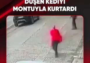 DÜŞEN KEDİYİ MONTUYLA KURTARDI