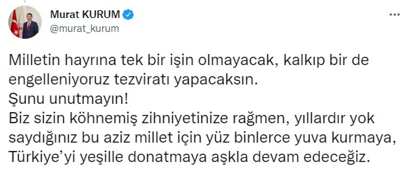 Çevre, Şehircilik ve İklim Değişikliği Bakanı Murat Kurum’dan CHP lideri Kemal Kılıçdaroğlu’na tepki! Her şey değişir CHP değişmez