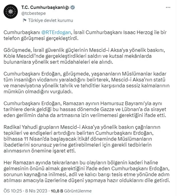 Başkan Erdoğan İsrail Cumhurbaşkanı Herzog ile görüştü