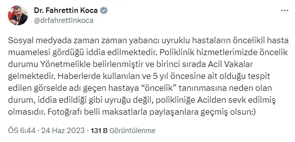 1687623778250.jpg Bakan Fahrettin Koca'dan "yabancı uyruklu kişilerin 'öncelikli hasta' muamelesi gördüğü" iddialarına yanıt - 1
