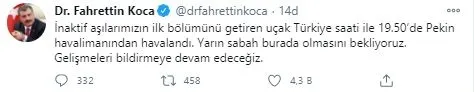 Son dakika: Sağlık Bakanı Fahrettin Koca’dan aşı açıklaması! Çin’den gelen uçak havalandı