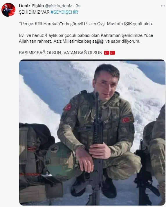 Pençe-Kilit Harekatı bölgesinden acı haber: P. Uzm. Çvş. Mustafa Işık yıldırım düşmesi sonucu şehit oldu