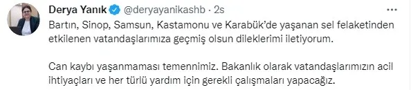 Bakan Derya Yanık duyurdu! Selden etkilenen Bartın-Sinop-Kastamonu için 10 milyon TL’lik kaynak