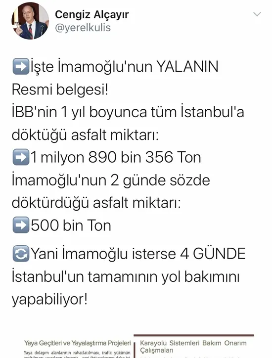 Siyasiler ve gazetecilerden Ekrem İmamoğlu’nun ’’Tüm yolların bakım ve onarımı gerçekleştirdik’’ iddiasına yalanlama