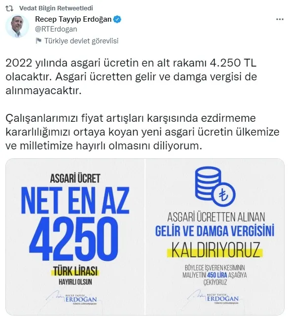Çalışma ve Sosyal Güvenlik Bakanı Vedat Bilgin’den 2022 yılı asgari ücret açıklaması