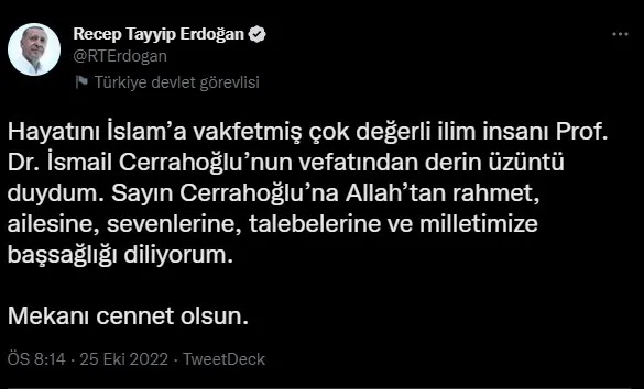 Başkan Erdoğan’dan Prof. Dr. İsmail Cerrahoğlu için taziye