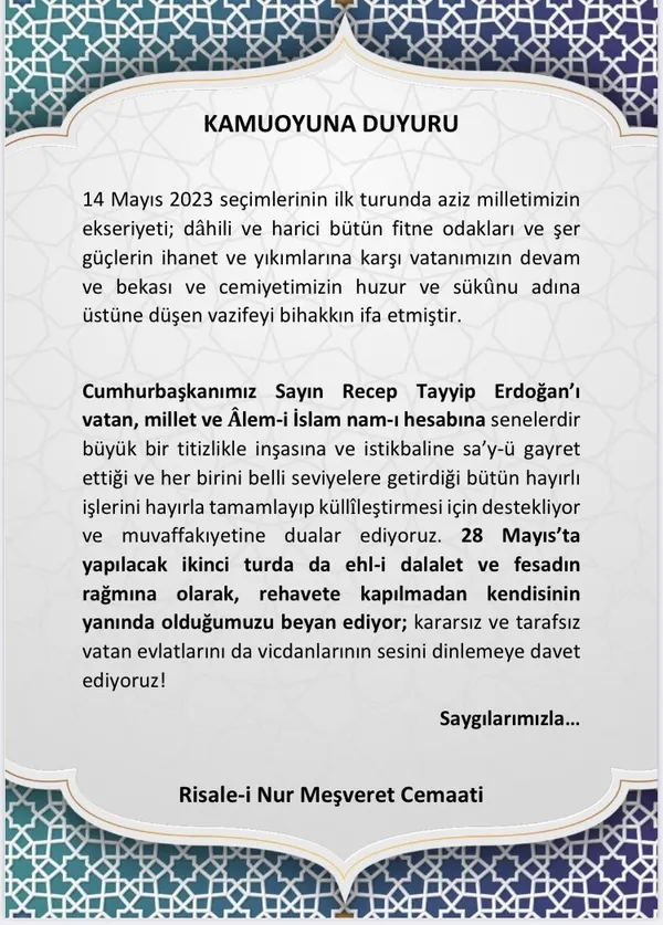 risale-i-nur-mesveret-cemaatinden-baskan-erdogana-28-mayista-secim-destegi-1684532281045.jpg Risale-i Nur Meşveret Cemaati'nden Başkan Erdoğan'a 28 Mayıs'ta seçim desteği - 2