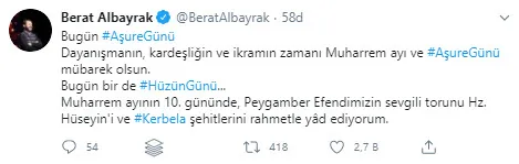 Son dakika: Hazine ve Maliye Bakanı Berat Albayrak’tan Muharrem Ayı ve Aşure Günü mesajı