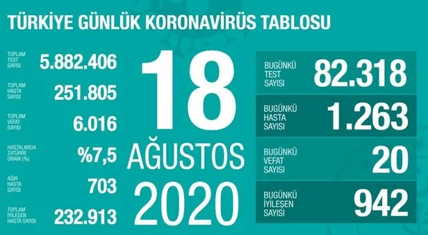20 Ağustos korona tablosu: Türkiye’de corona virüsü vaka sayısı kaç oldu? Koronadan kaç kişi öldü?