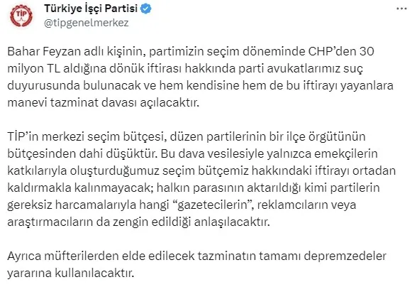 CHP yandaşı Feyzan’dan bomba iddia: TİP seçim döneminde CHP’den 30 milyon TL aldı