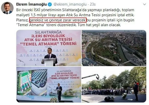 Ekrem İmamoğlu’na sert tepki: Avrupa’nın en büyük arıtma tesisi olacaktı