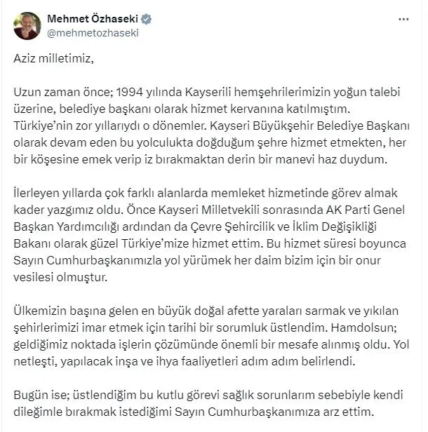 Çevre, Şehircilik ve İklim Değişikliği Bakanı Mehmet Özhaseki duyurdu! Sağlık sorunları nedeniyle görevden affını istedi | Detaylar A Haber’de...