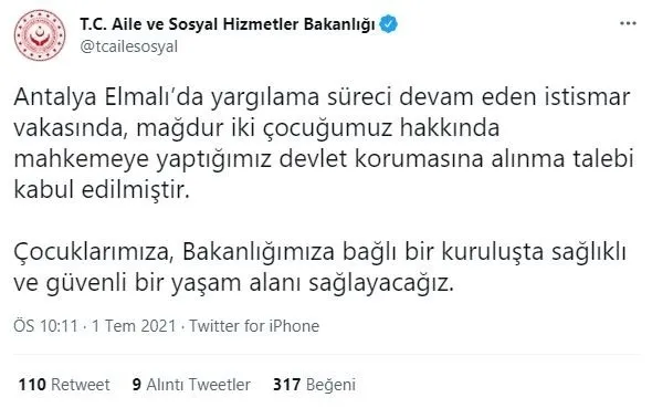 Son dakika: Elmalı davasında flaş gelişme! Aile ve Sosyal Hizmetler Bakanlığı duyurdu