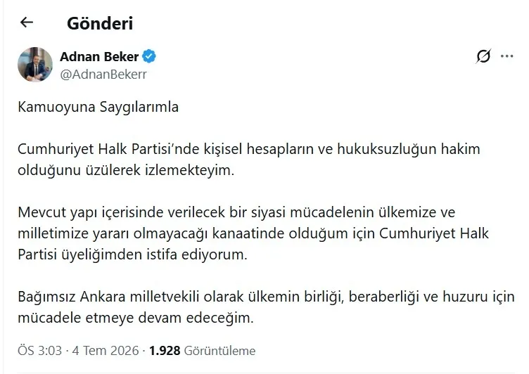 CHP'li Adnan Beker partisinden istifa etti: "Kişisel hesaplar ve hukuksuzluk hakim" - 1