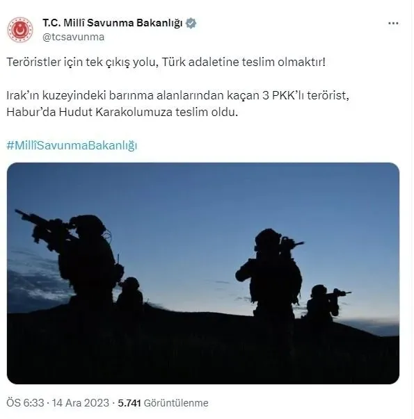 Ya Türk adaleti ya da sarı torba! MSB duyurdu: 3 PKK’lı terörist teslim oldu