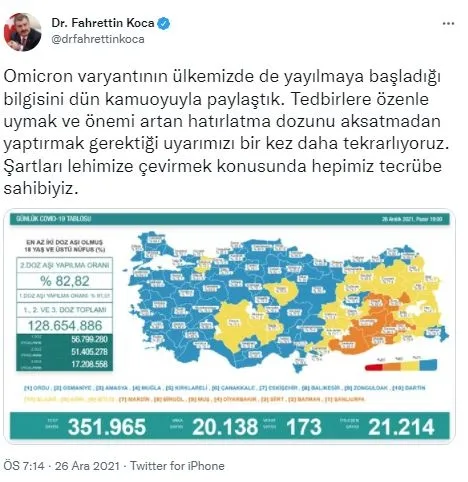 Son dakika: Sağlık Bakanlığı 26 Aralık Pazar gününün koronavirüs tablosunu açıkladı | İşte vaka ve vefat sayıları