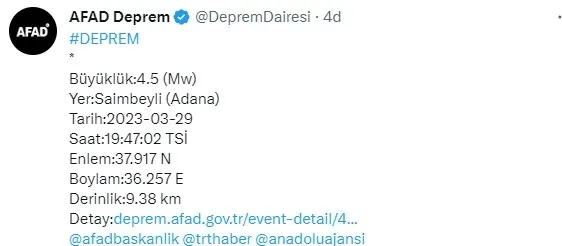 Adana ve Kahramanmaraş'ta şiddetli deprem! AFAD açıkladı | 2023 son depremler - 1