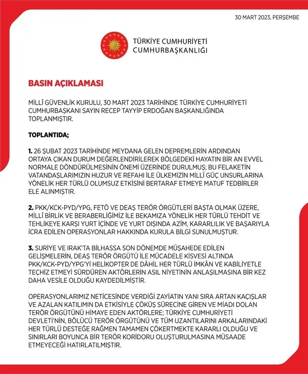 Cumhurbaşkanlığı Külliyesi’ndeki MGK zirvesi sonrası yazılı açıklama