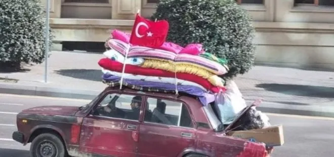 Azerbaycan’dan Türkiye’yi duygulandıran fotoğraf: Aracının üzerine yorganları koyup yardım için yola çıktı