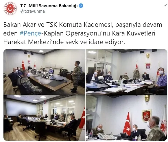 Son dakika: Bakan Akar ve TSK Komuta Kademesi Pençe-Kaplan Operasyonu’nu Harekat Merkezi’nden yönetiyor