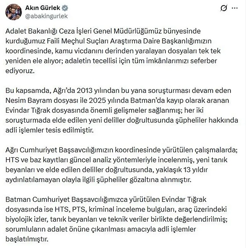 2 kayıp dosyasında umutlandıran haber! Bakan Gürlek: Yeni deliller bulundu - 1