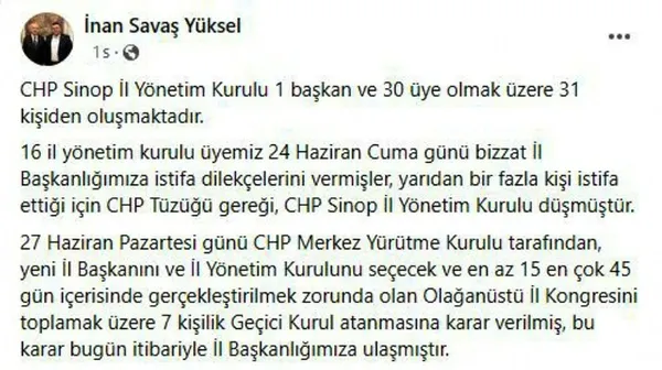 Son dakika: CHP Sinop il yönetiminde toplu istifa