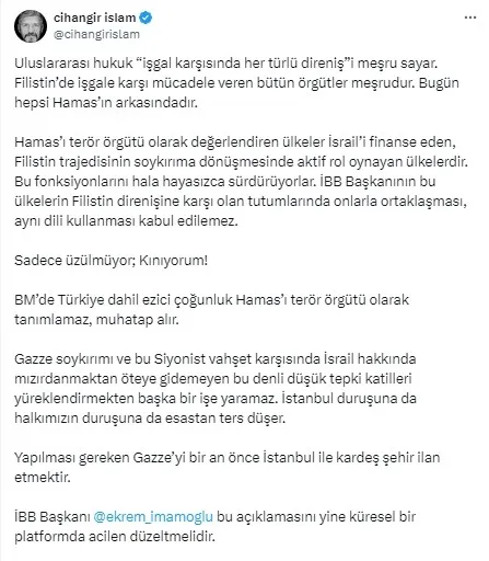 Ekrem İmamoğlu’ndan Hamas’a yönelik terör örgütü çıkışı! İsrail basınında geniş yankı buldu! Sosyal medyada eleştiri yağmuru...