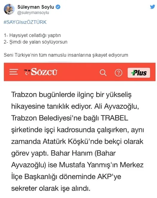 İçişleri Bakanı Süleyman Soylu’dan Sözcü yazarı Saygı Öztürk’e sert tepki