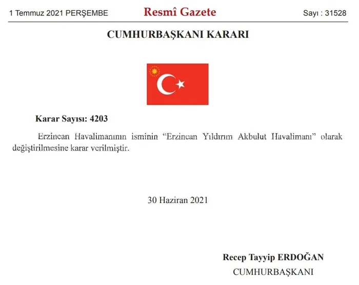 Son dakika: Başkan Erdoğan imzaladı! Erzincan Havalimanı’nın adı değişti