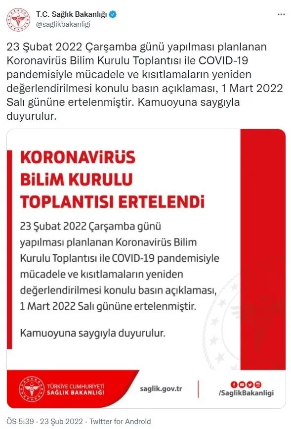 Koronavirüs Bilim Kurulu Toplantısı ertelendi! Sağlık Bakanlığından son dakika açıklaması