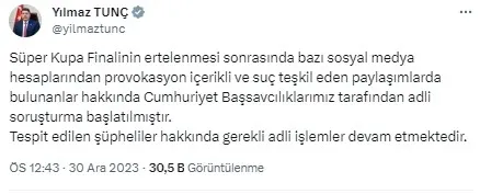 Süper Kupa Finali’ne yönelik provokasyon ve suç teşkil eden paylaşımlara soruşturma! Adalet Bakanı Tunç duyurdu