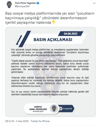 Son dakika: EGM'den 'çocuk kaçırma' provokasyonuyla ilgili flaş açıklama: Adli işlemler başlatıldı! - 2