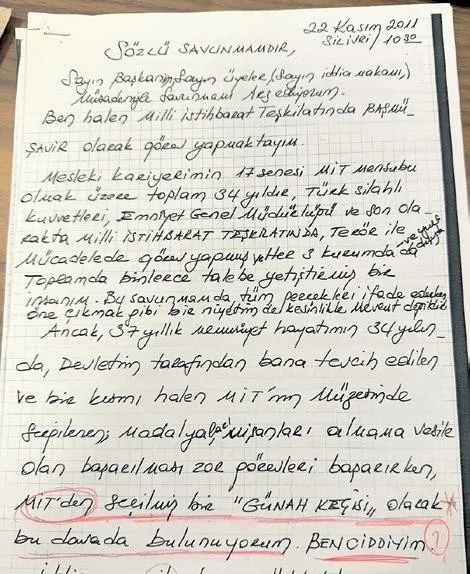 MİT'in Asya Bölge Başmüşaviri Kaşif Kozinoğlu’nun ölümünden hemen önce hazırladığı savunma notları