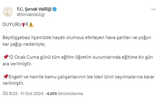 Yarın okullar hangi illerde tatil? 12 Ocak Cuma günü okullar tatil mi son dakika? Hakkari, Şırnak, Ağrı, Bitlis...