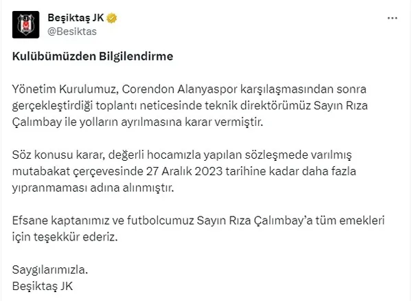 Beşiktaş’ta Rıza Çalımbay dönemi sona erdi