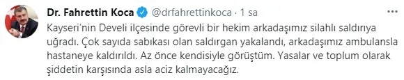 Son dakika: Sağlık Bakanı Fahrettin Koca Kayseri'de silahlı saldırıya uğrayan doktorla görüştü | İşte doktora saldırı anı... - 1